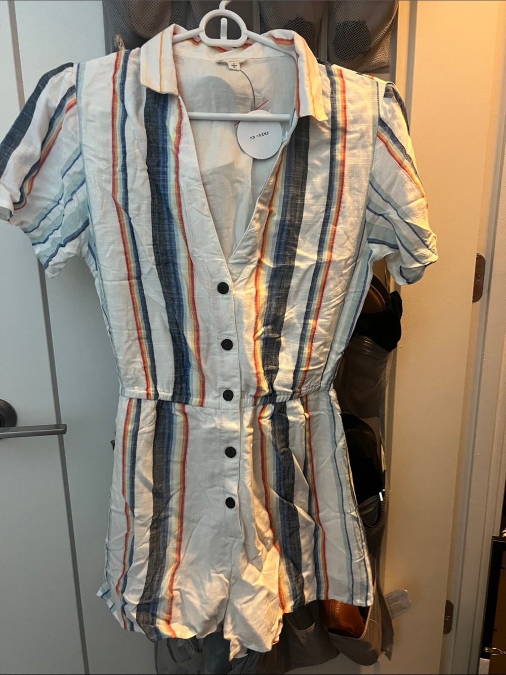 Striped Button-Front Linen Romper in White with Navy & Rust Stripes